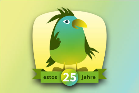 Happy Birthday estos - early bird ProCall Enterprise - Aktionsicon mit Vogel - farbig
